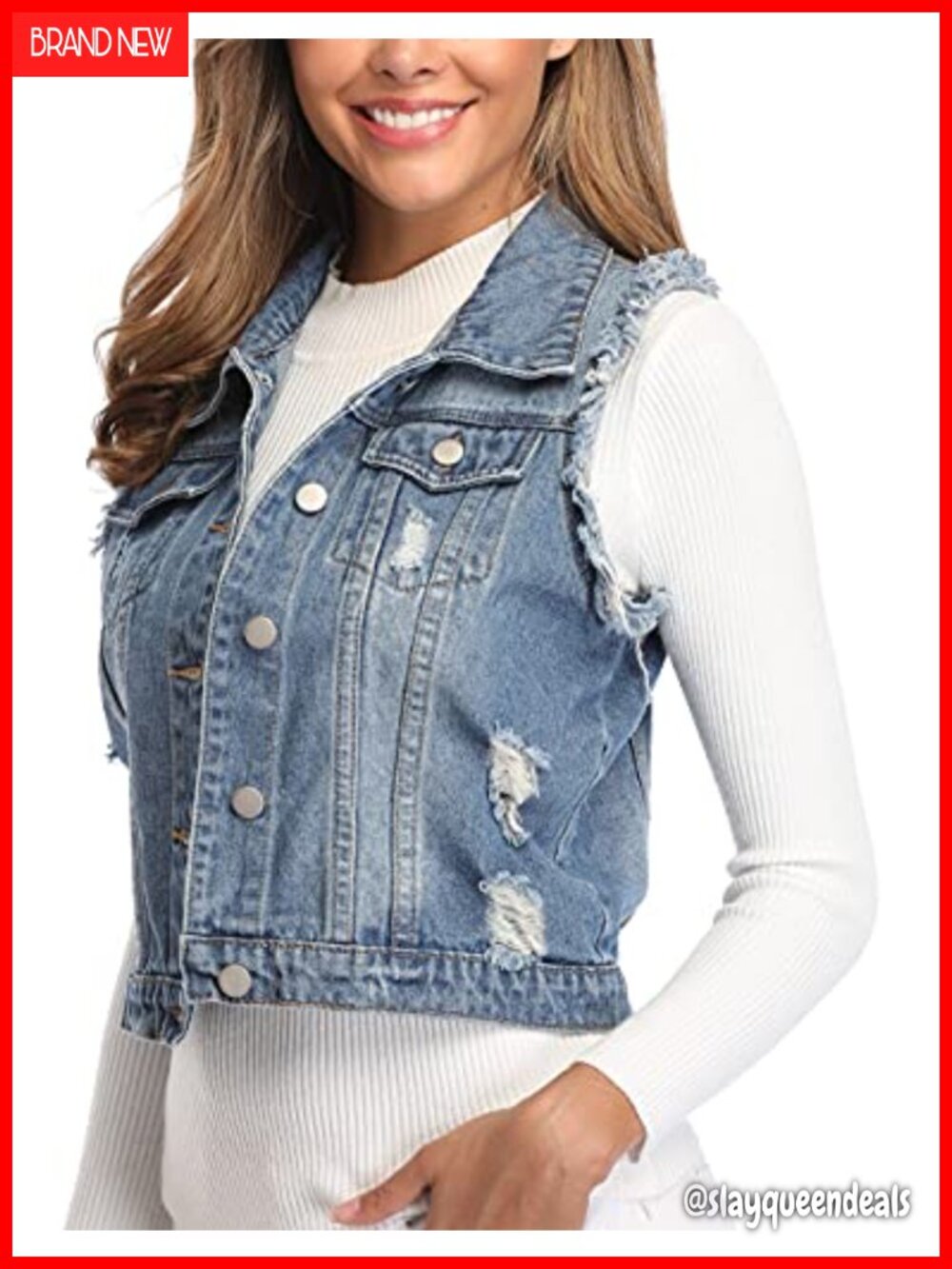 Ripped Denim Vest Cropped Distressed Sleeveless Jean Vest Flap Pockets